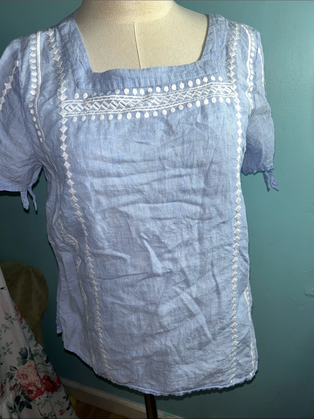 Talbots Light Blue Linen-Blend Square Neck Embroidered Tunic